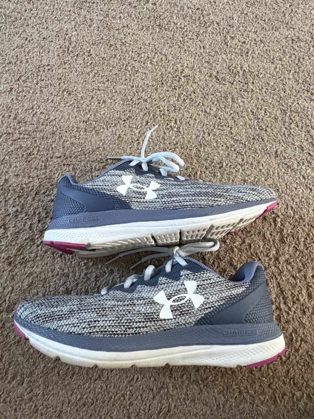 Under Armour Women’s Gray and White Knit Athletic Shoes with Pink Accents